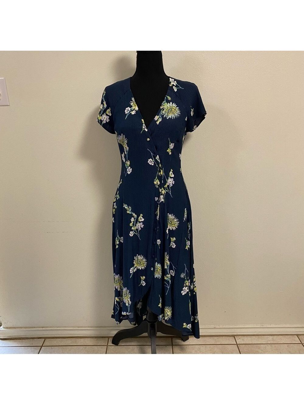 Free People Dress Women’s Size XS Floral Navy Lost In You Midi Dress High Low